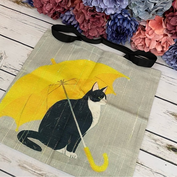 Eco-Friendly Black Cat with Yellow Umbrella Folding Tote Bag - Picture 4 of 12